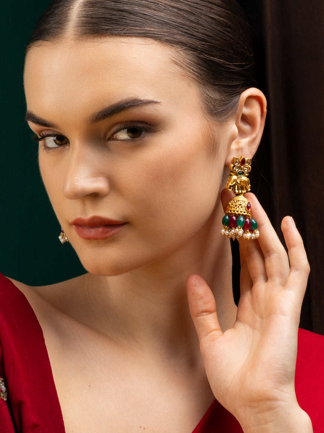 Gold Plated Artificial Stone Studded & Beaded Dome Shaped Jhumkas