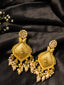 Gold-Plated Artificial Stones Studded & Beaded Floral Shaped Drop Earrings