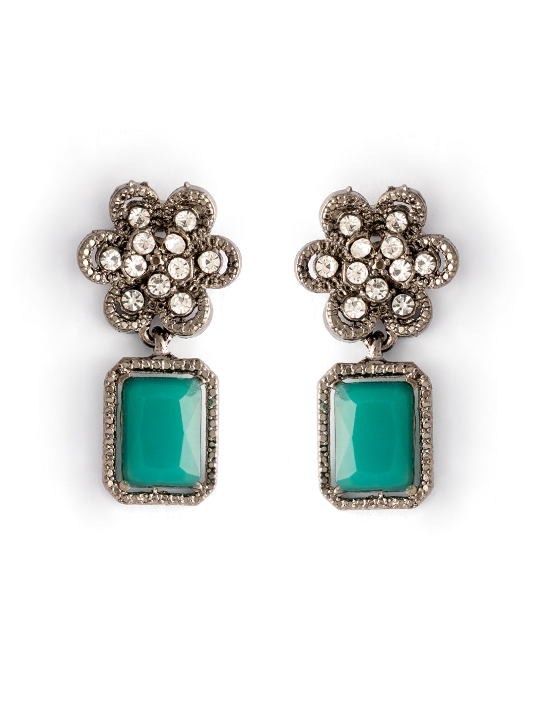 Silver-Plated American Diamond Studded Floral Shaped Drop Earrings