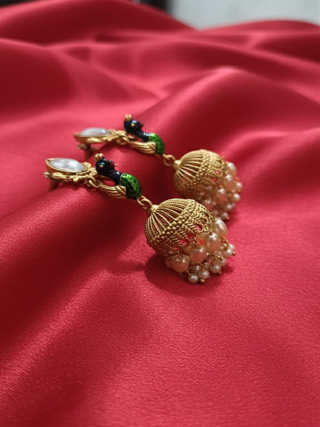 Gold-Plated Artificial Stones Studded And Pearls Beaded Dome Shaped Jhumkas