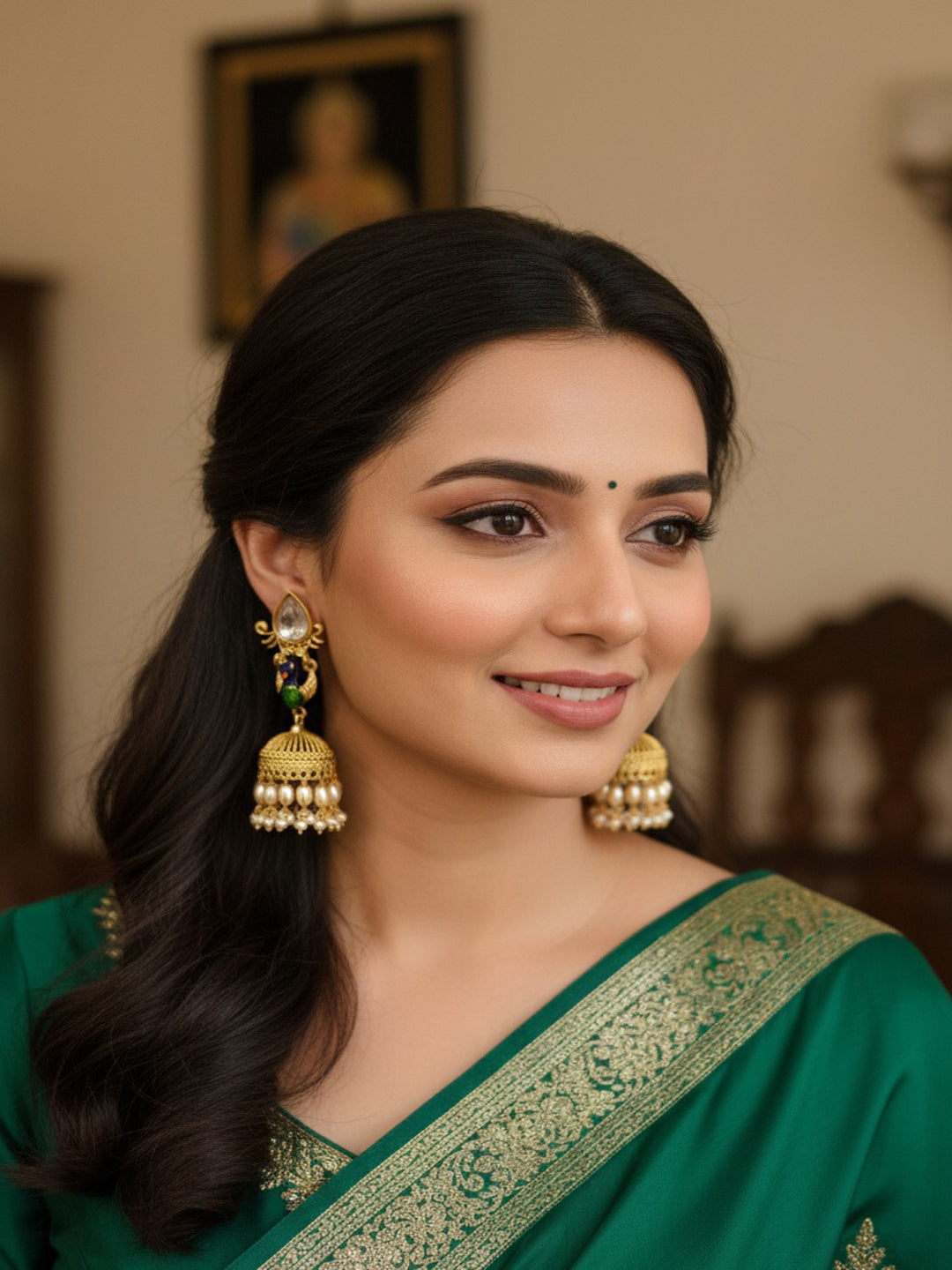 Gold-Plated Artificial Stones Studded And Pearls Beaded Dome Shaped Jhumkas