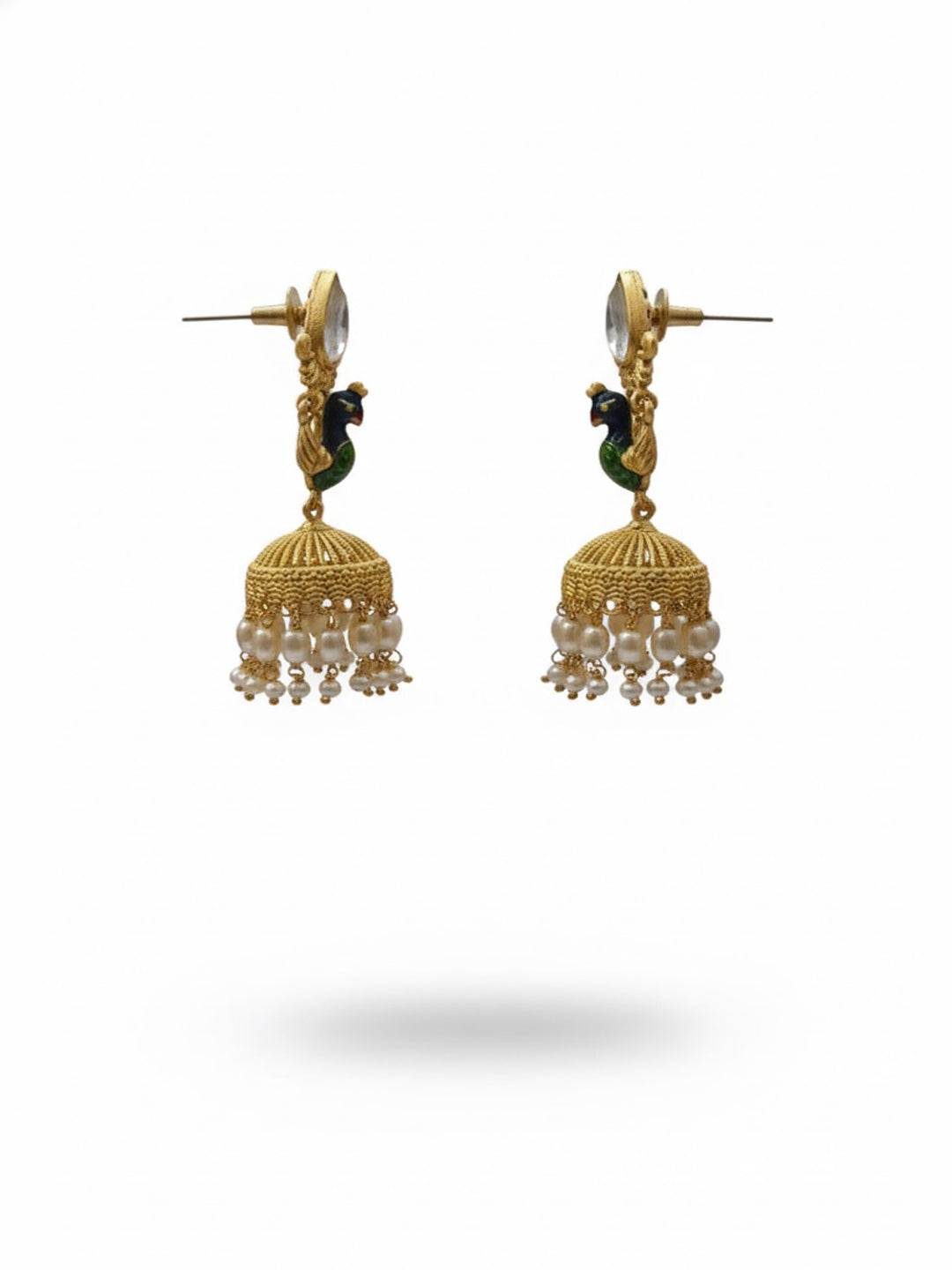 Gold-Plated Artificial Stones Studded And Pearls Beaded Dome Shaped Jhumkas