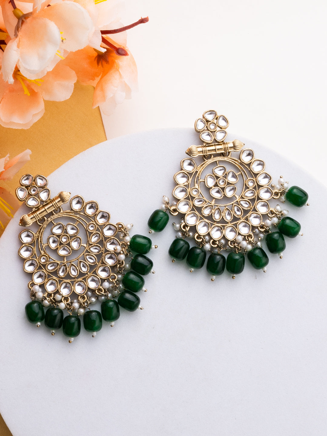 Gold Plated Artificial Stones Studded And Beaded Circular Shaped Drop Earrings