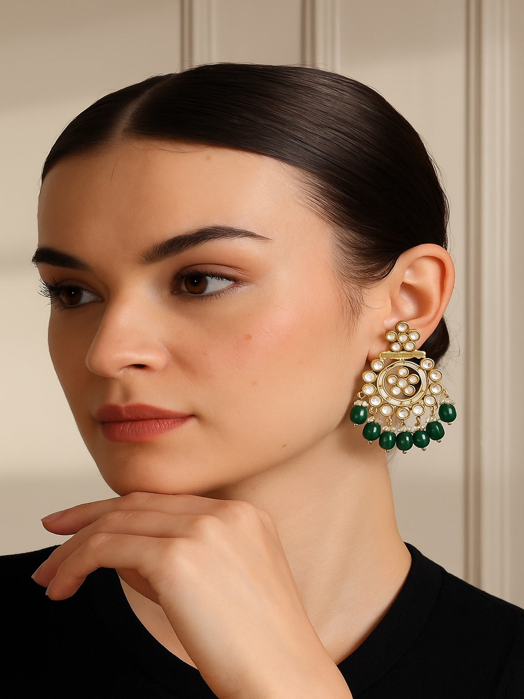 Gold Plated Artificial Stones Studded And Beaded Circular Shaped Drop Earrings