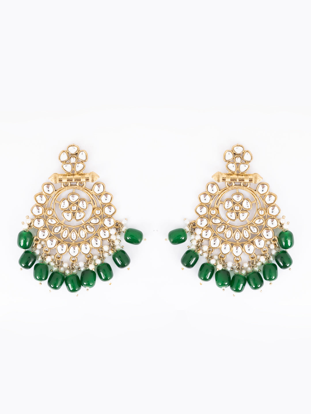 Gold Plated Artificial Stones Studded And Beaded Circular Shaped Drop Earrings