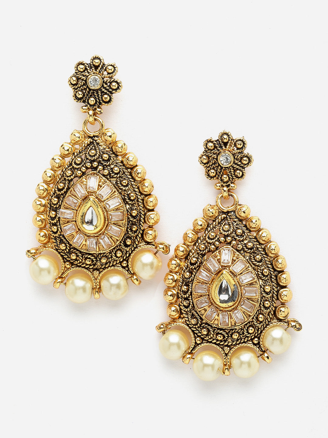 Off-White Gold-Plated Teardrop-Shaped Stone-Studded Drop Earrings
