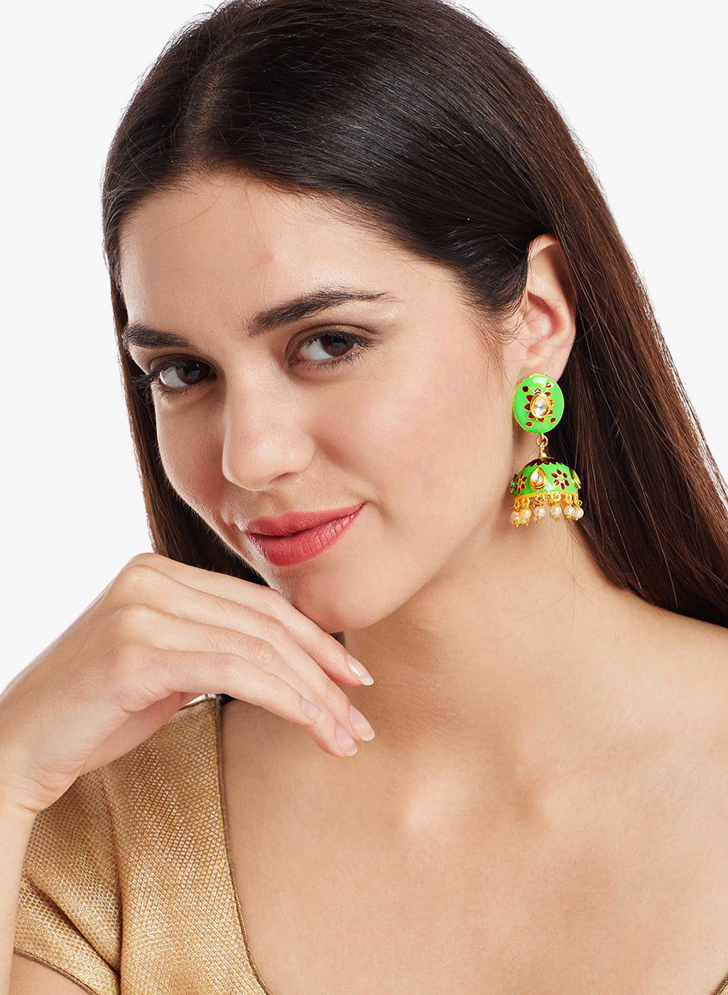 Gold-Plated & Green Dome-Shaped Jhumkas