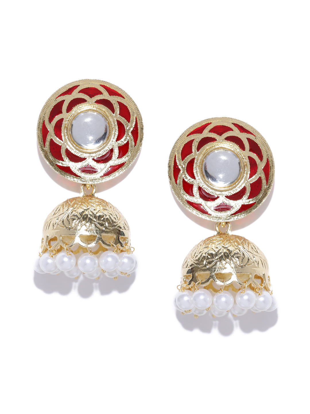 Gold-Toned & Maroon Dome Shaped Jhumkas