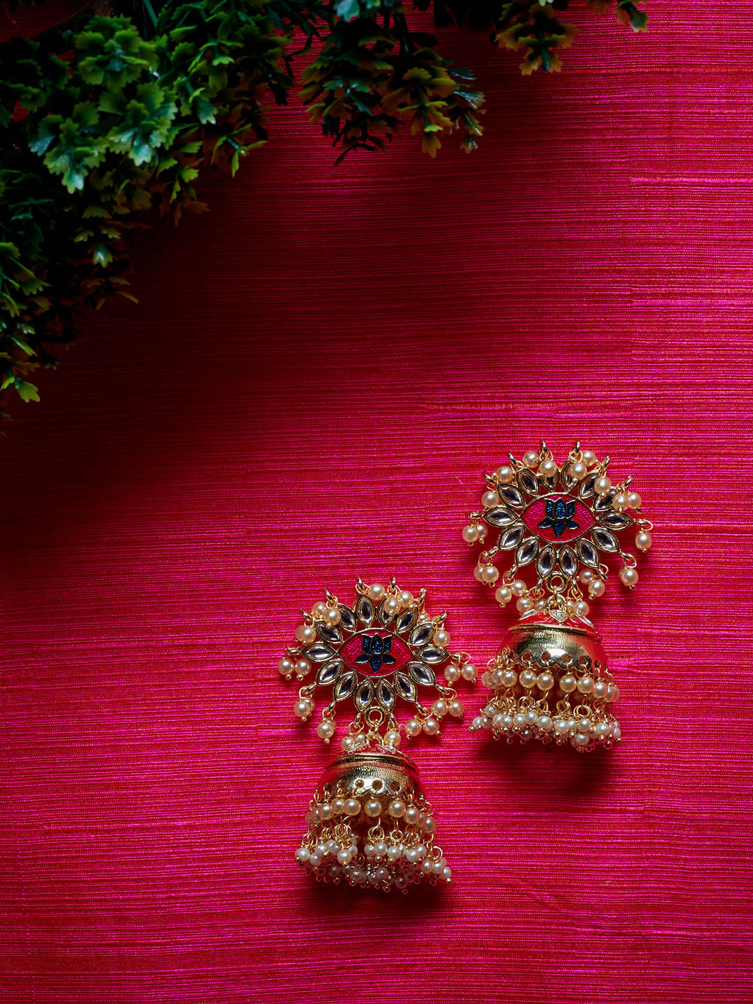 Pink & Off-White Gold-Plated Handcrafted Dome-Shaped Jhumkas