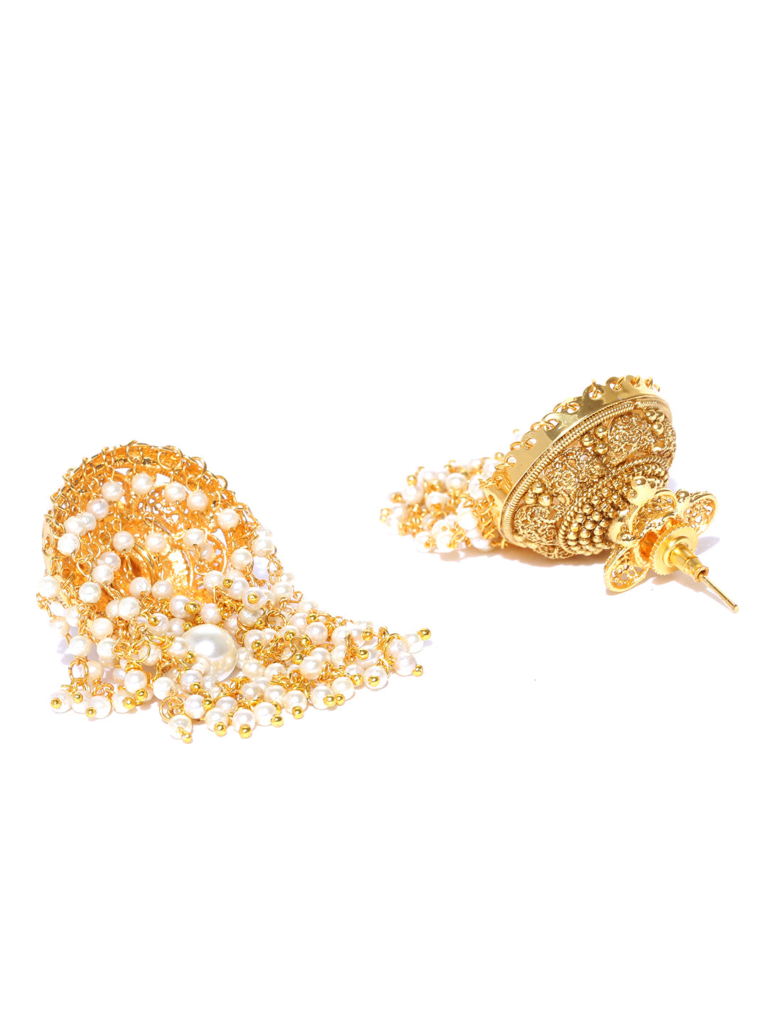 Gold-Toned & Off-White Gold-Plated Handcrafted Dome Shaped Jhumkas