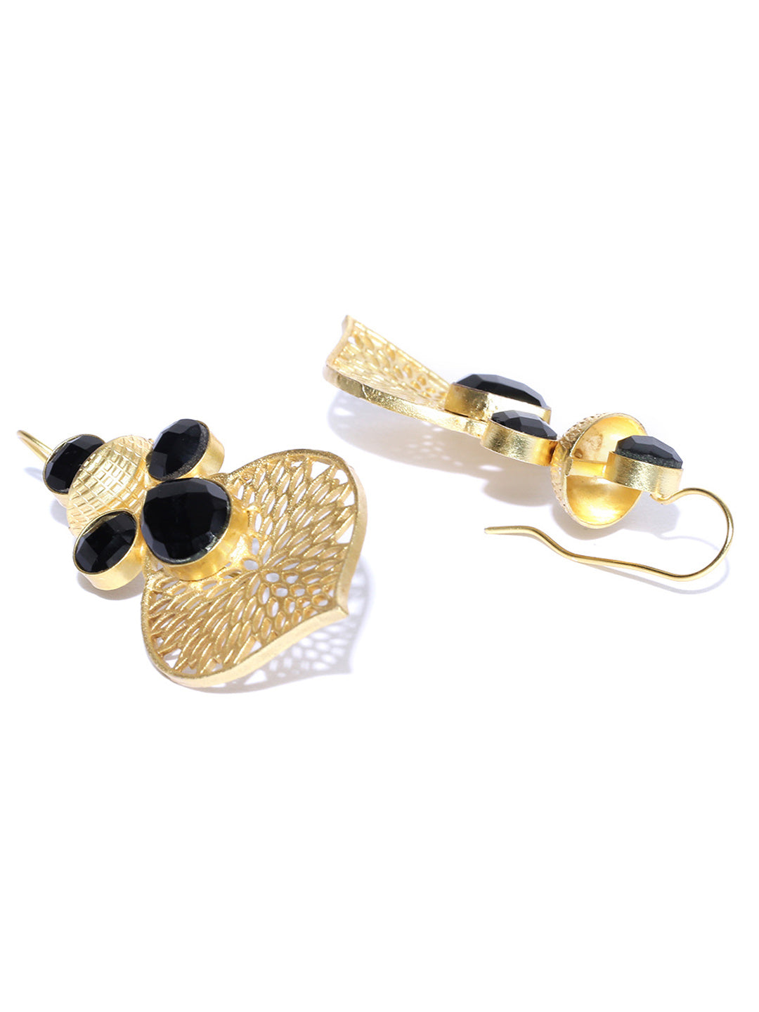 Gold-Toned & Black Gold-Plated Stone-Studded Handcrafted Leaf Shaped Drop Earrings