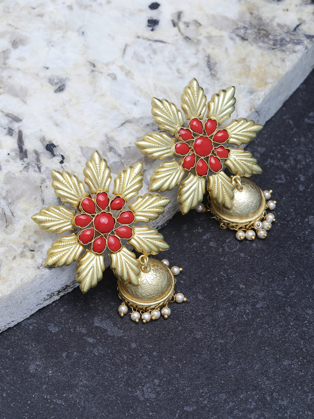 Gold-Plated & Red Handcrafted CZ Studded Contemporary Jhumkas
