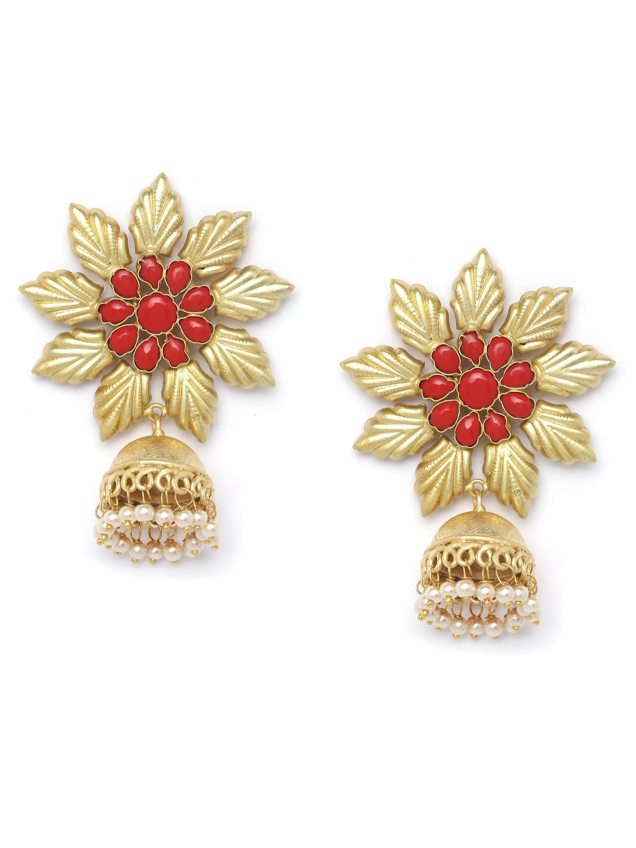 Gold-Plated & Red Handcrafted CZ Studded Contemporary Jhumkas