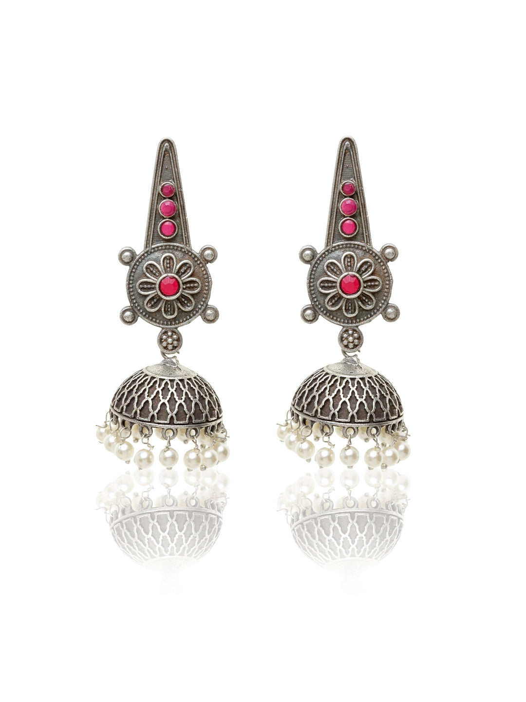 Pink Silver-Plated Oxidized Dome Shaped Jhumkas