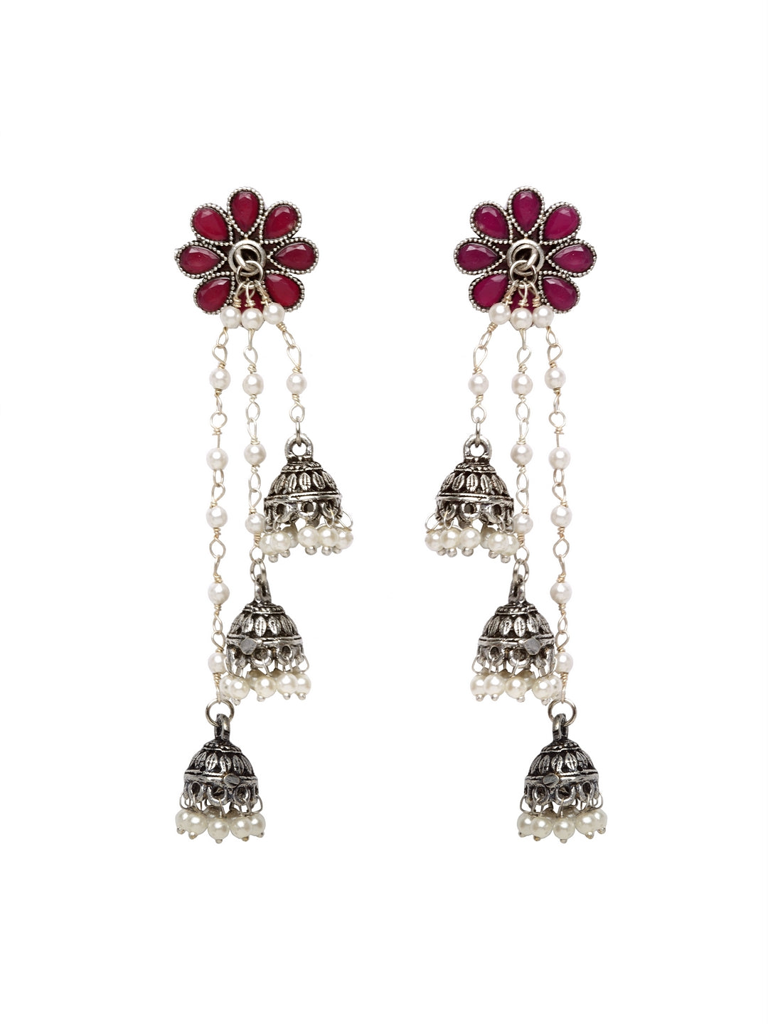 PANASH Silver_Plated & Maroon Contemporary Drop Earrings