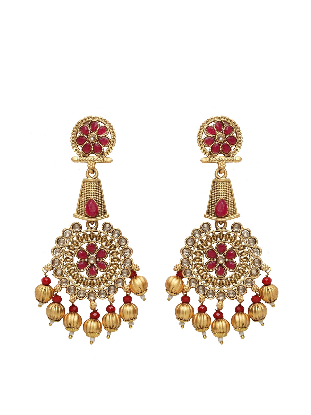 Women Gold-Plated & Red Circular Drop Earrings