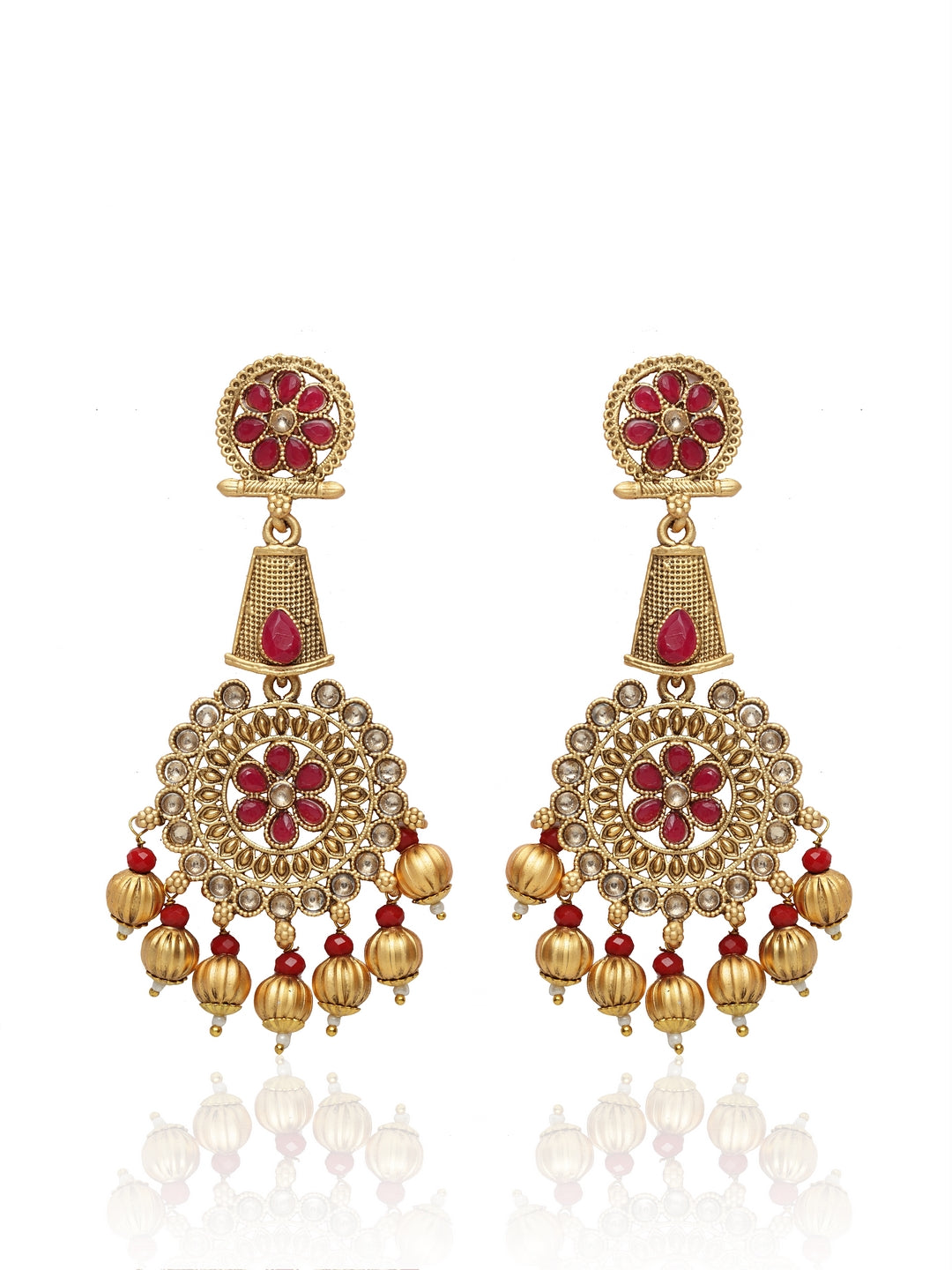 Women Gold-Plated & Red Circular Drop Earrings