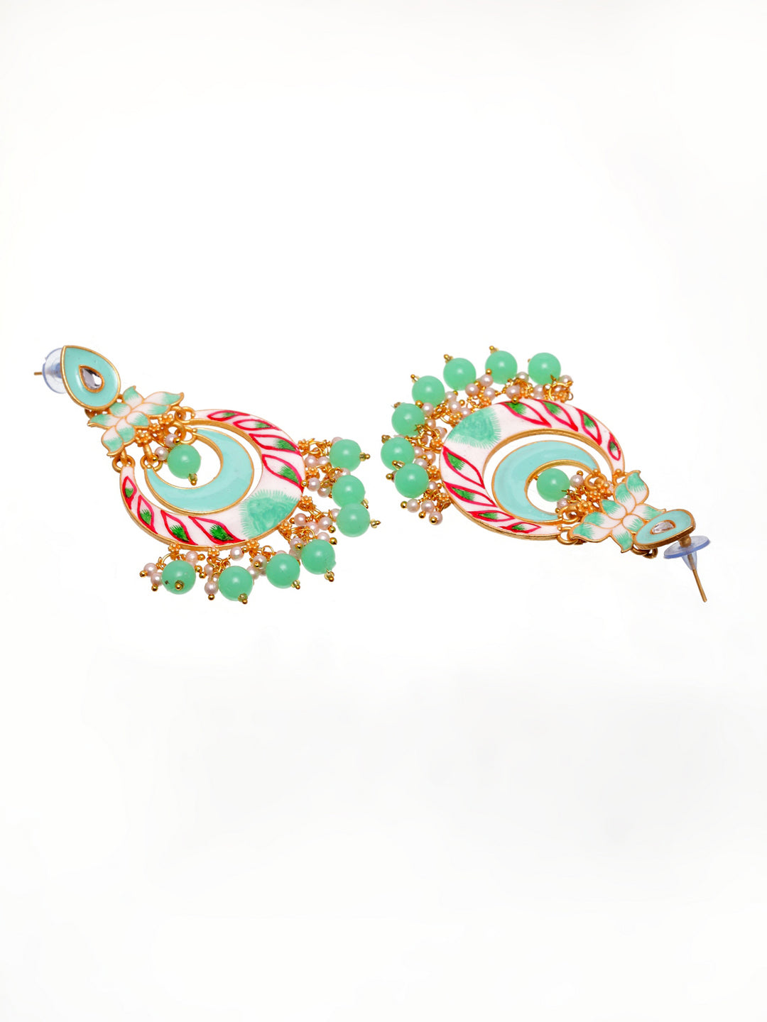 Gold-Toned & Sea Green Crescent Shaped Drop Earrings