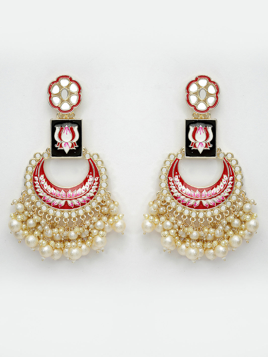 Gold-Plated Mirror Work Red Meenakari Pearl Chandbali Earrings