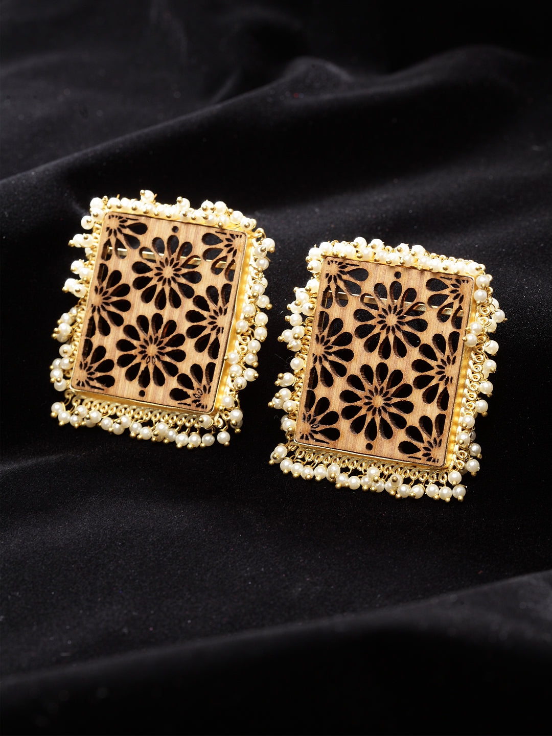 Brown & White Gold-Plated Beaded Square Handcrafted Wooden Drop Earrings