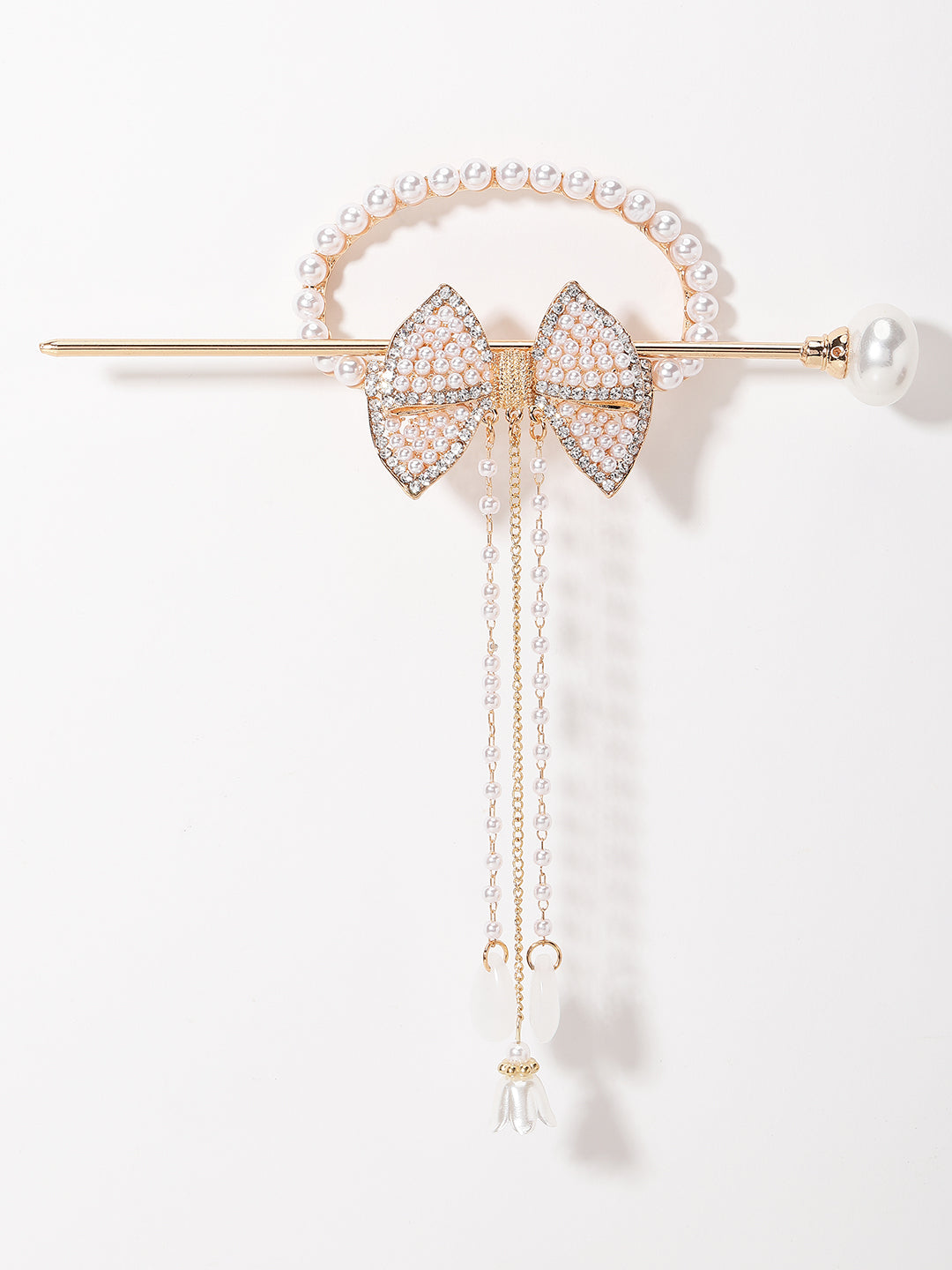 Women Gold-Plated Pearl Studded Bow Shaped Hairstick