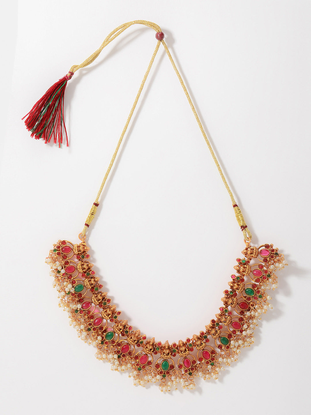 Gold-Plated Stones-Studded & Beaded Temple Jewellery Set