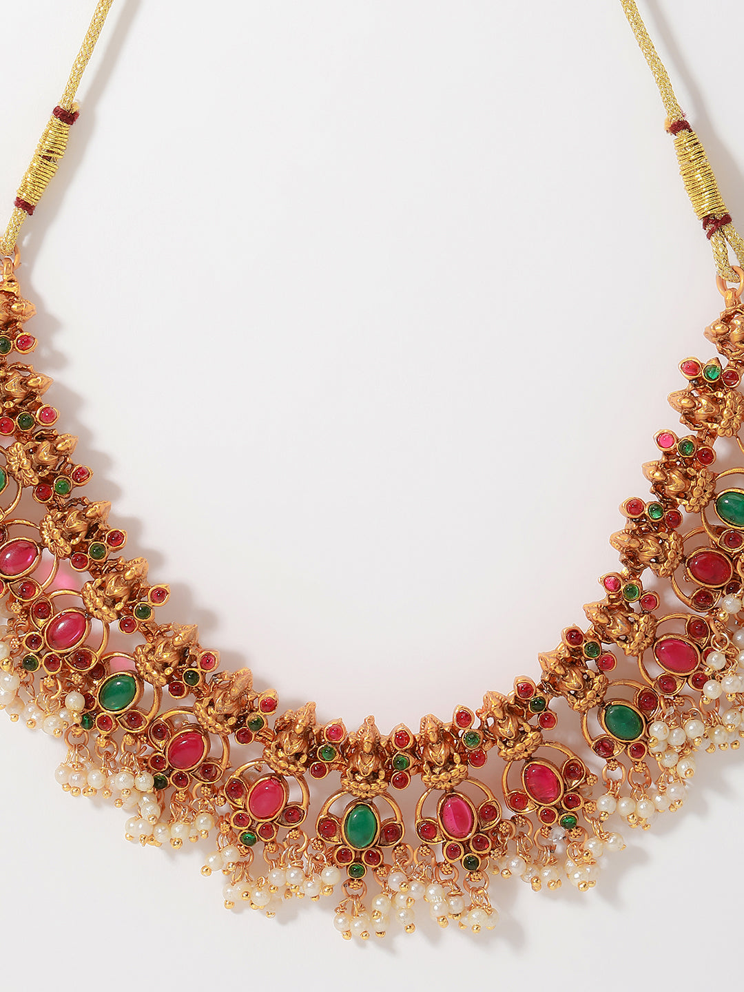 Gold-Plated Stones-Studded & Beaded Temple Jewellery Set