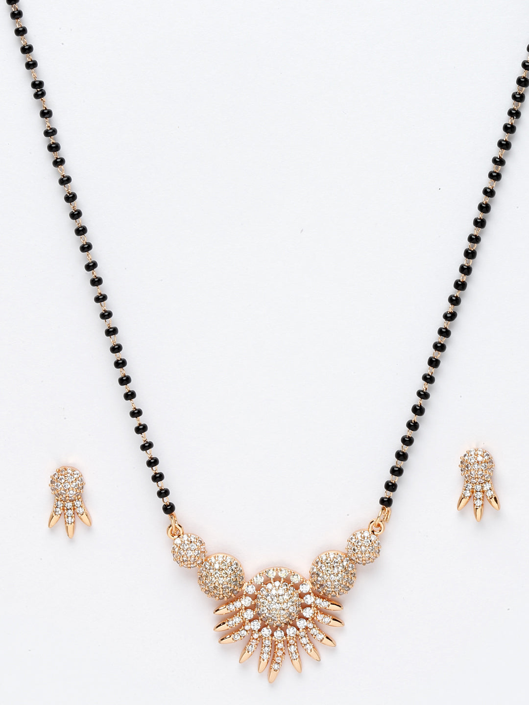 Gold-Plated AD Stone-Studded Beaded Mangalsutra With Earrings