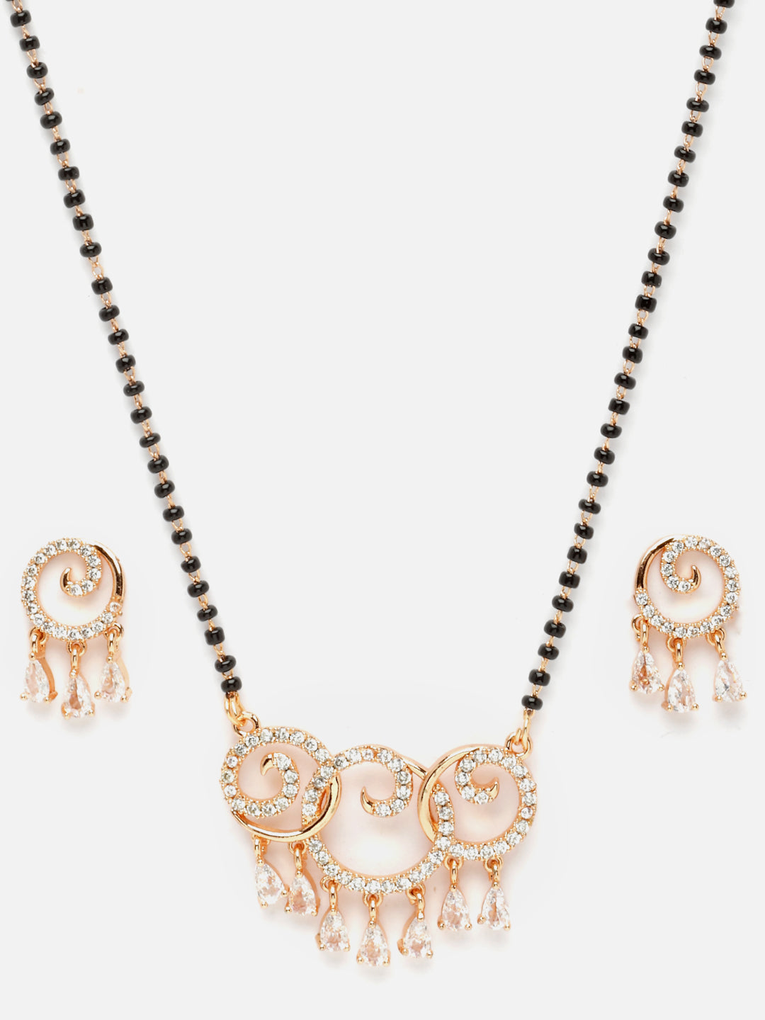 Gold-Plated Cubic Zirconia -studded & Beaded Mangalsutra With Earrings