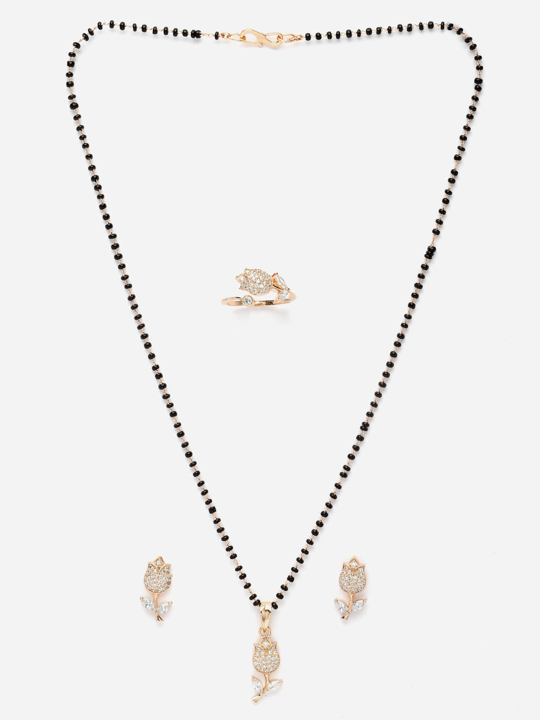Gold-Plated American Diamond Studded & Beaded Mangalsutra With Earrings & Ring