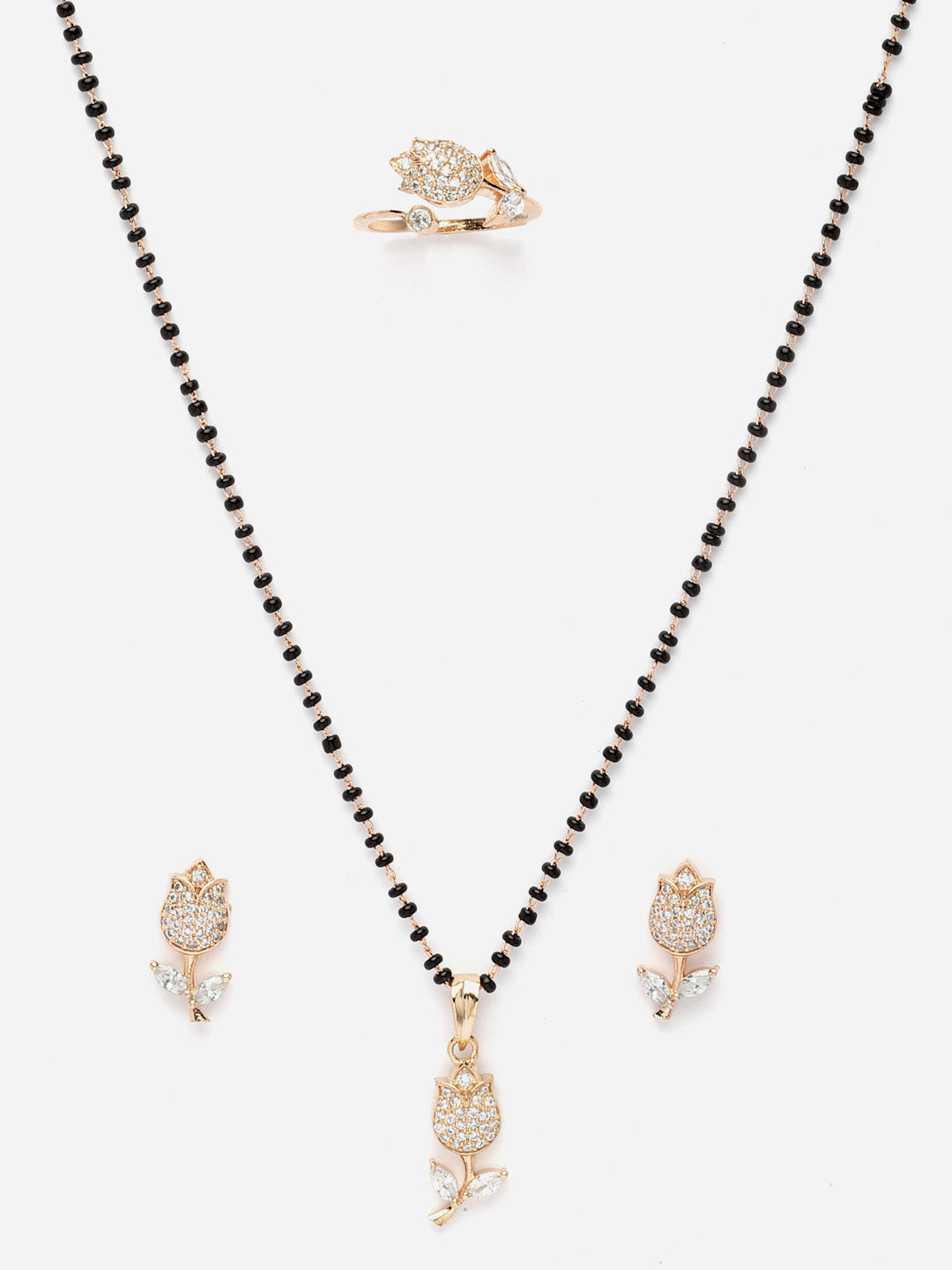 Gold-Plated American Diamond Studded & Beaded Mangalsutra With Earrings & Ring