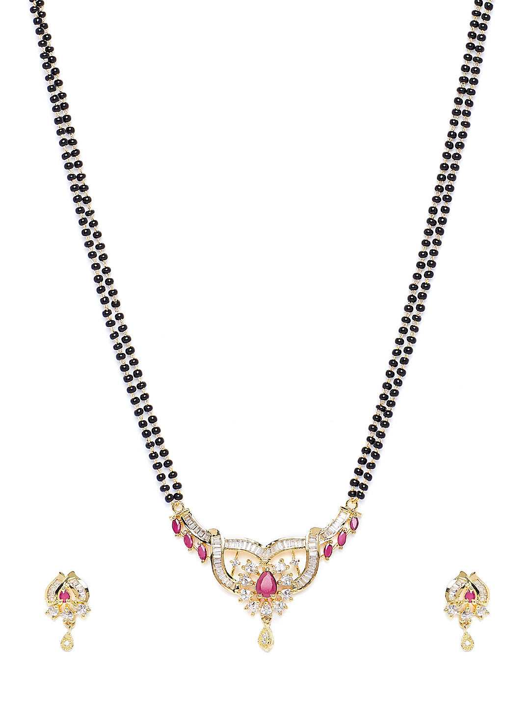 Gold-Plated & Pink CZ Stone-Studded Mangalsutra With Earrings