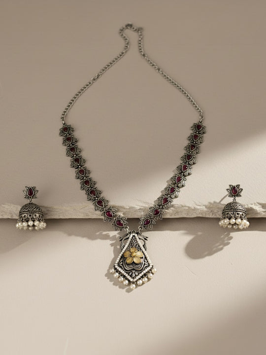 Silver-Plated Kundan Studded & Artificial Beaded Oxidised Necklace With Earrings