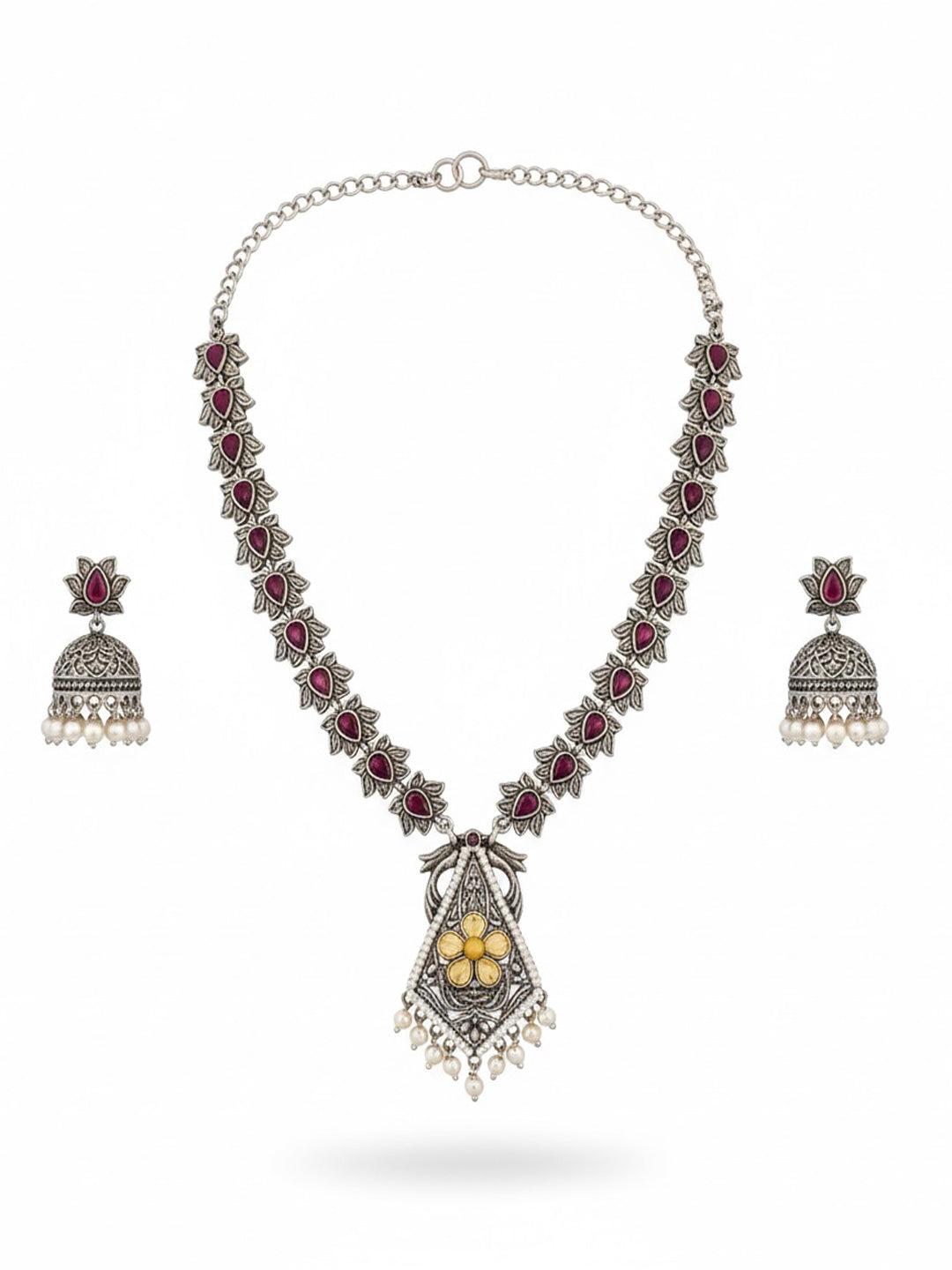 Silver-Plated Kundan Studded & Artificial Beaded Oxidised Necklace With Earrings