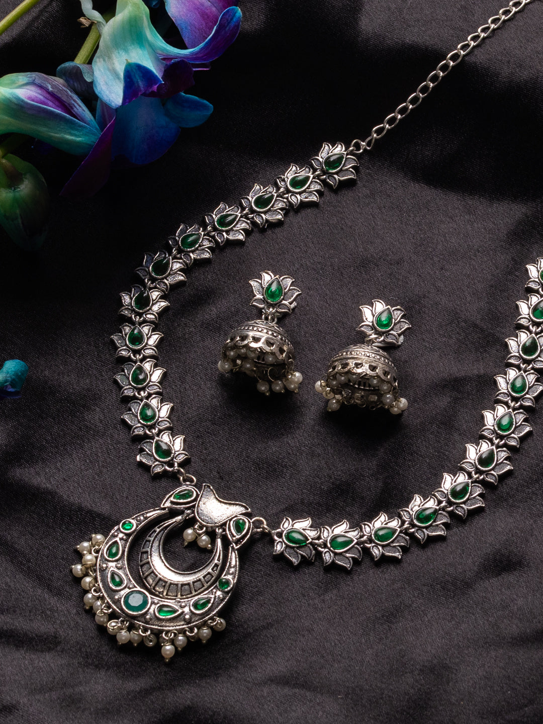 Oxidized Beaded & Stone Studded Jewellery Set