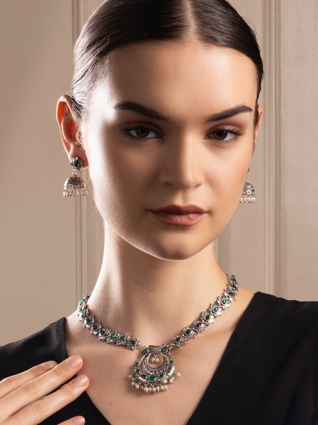Oxidized Beaded & Stone Studded Jewellery Set