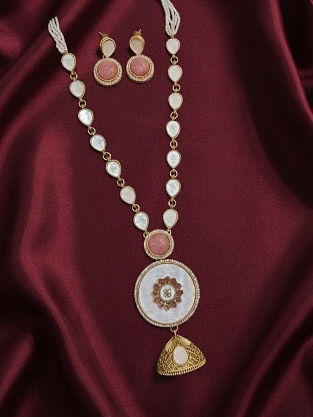 Gold-Plated American Diamond Studded & Artificial Beaded Necklace With Earrings