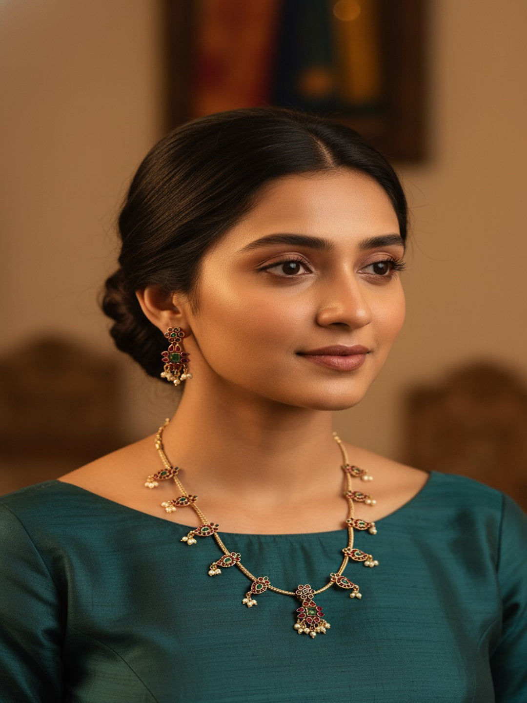 Gold-Plated Kundan Studded & Artificial Beaded Necklace With Earrings