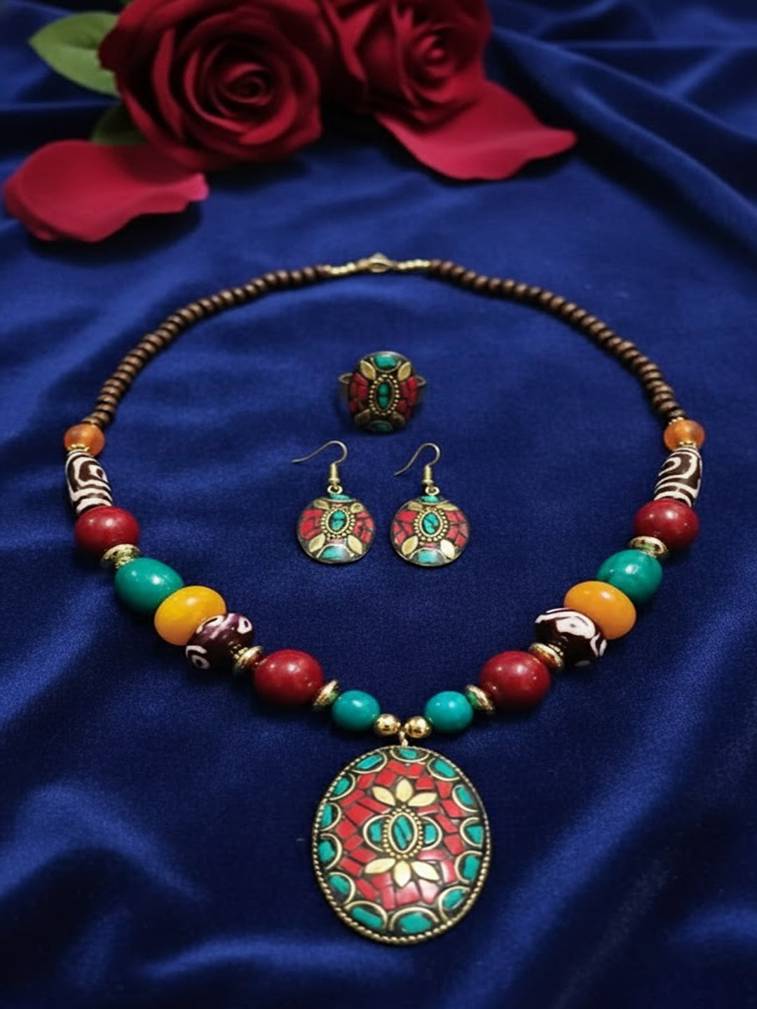Gold-Plated Artificial Stones Studded And Beaded Necklace With Earrings
