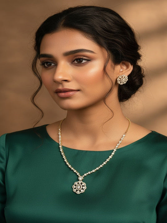 Silver-Plated American Diamond And Studded Necklace And Earrings