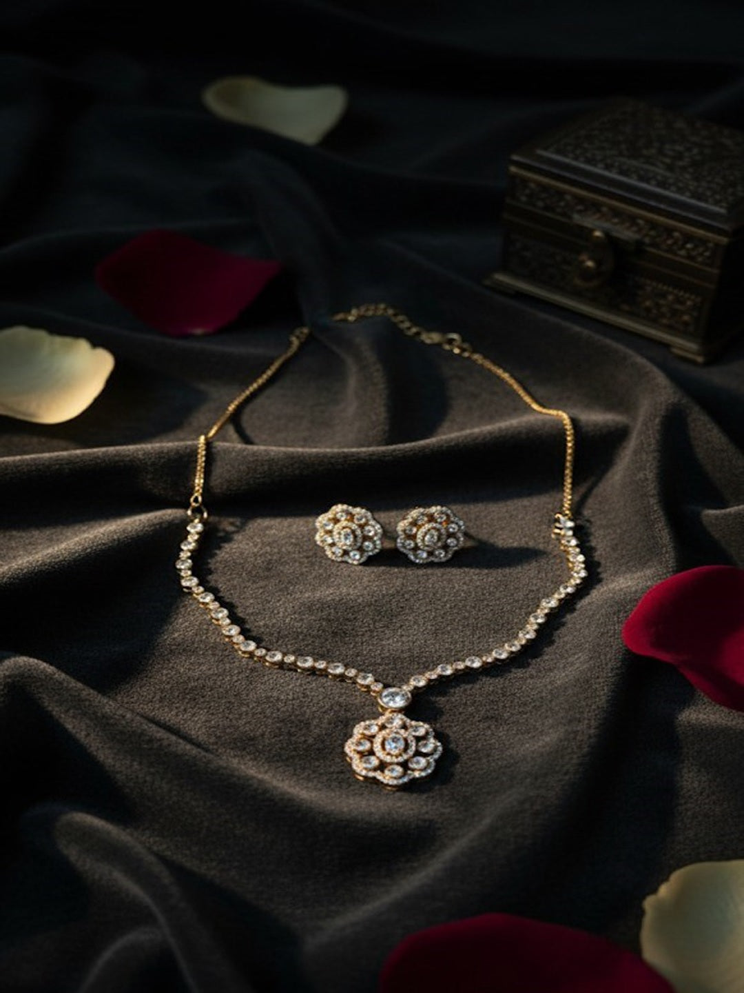 Silver-Plated American Diamond And Studded Necklace And Earrings