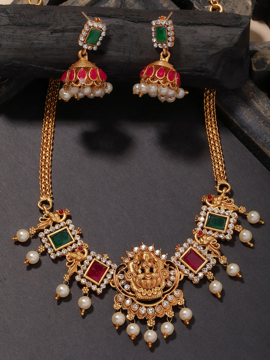 Gold-Plated Stone-Studded & Beaded Temple Necklace & Earrings