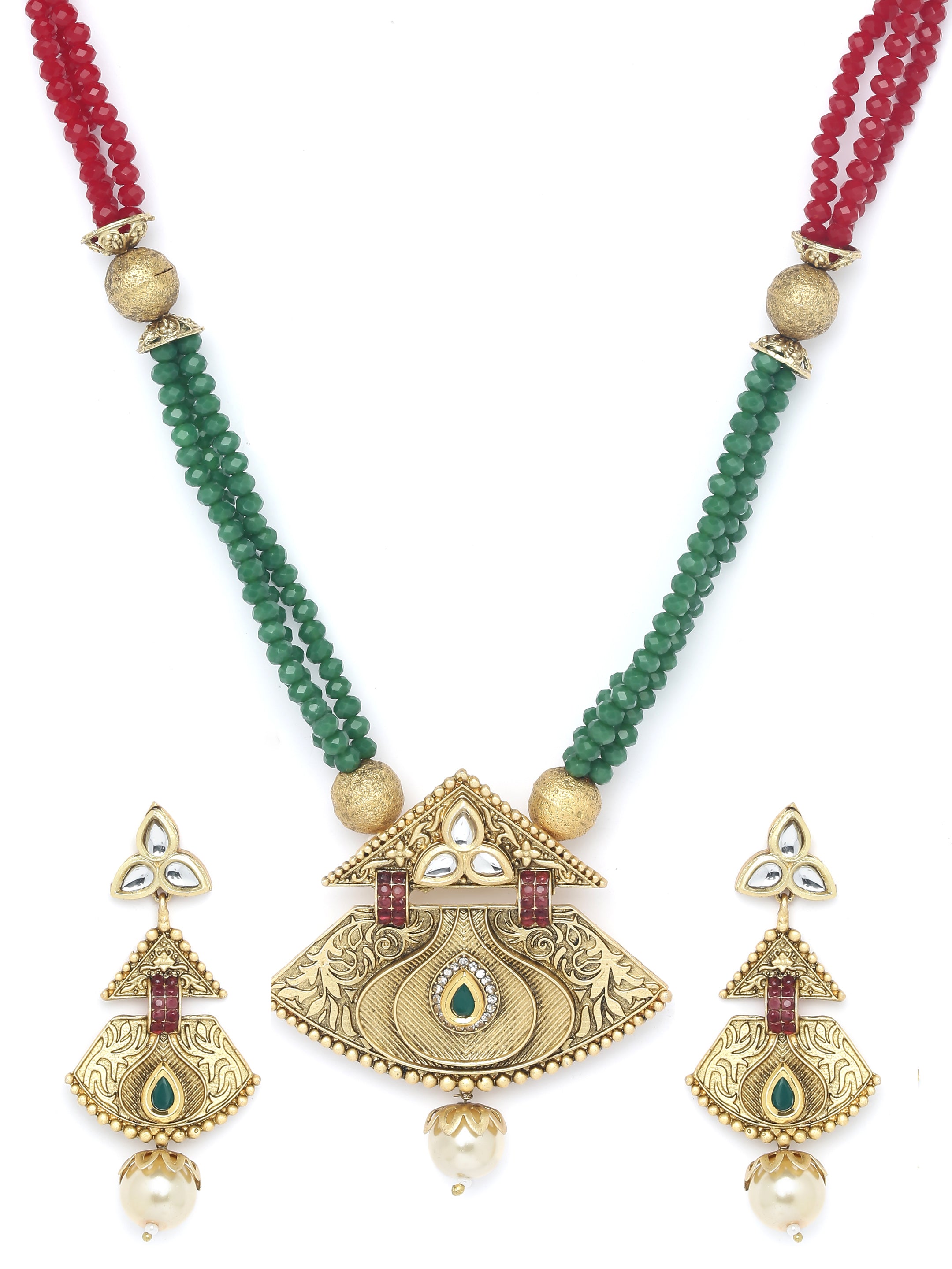 Gold-Plated & Green Kundan Studded Beaded Handcrafted Jewellery Set