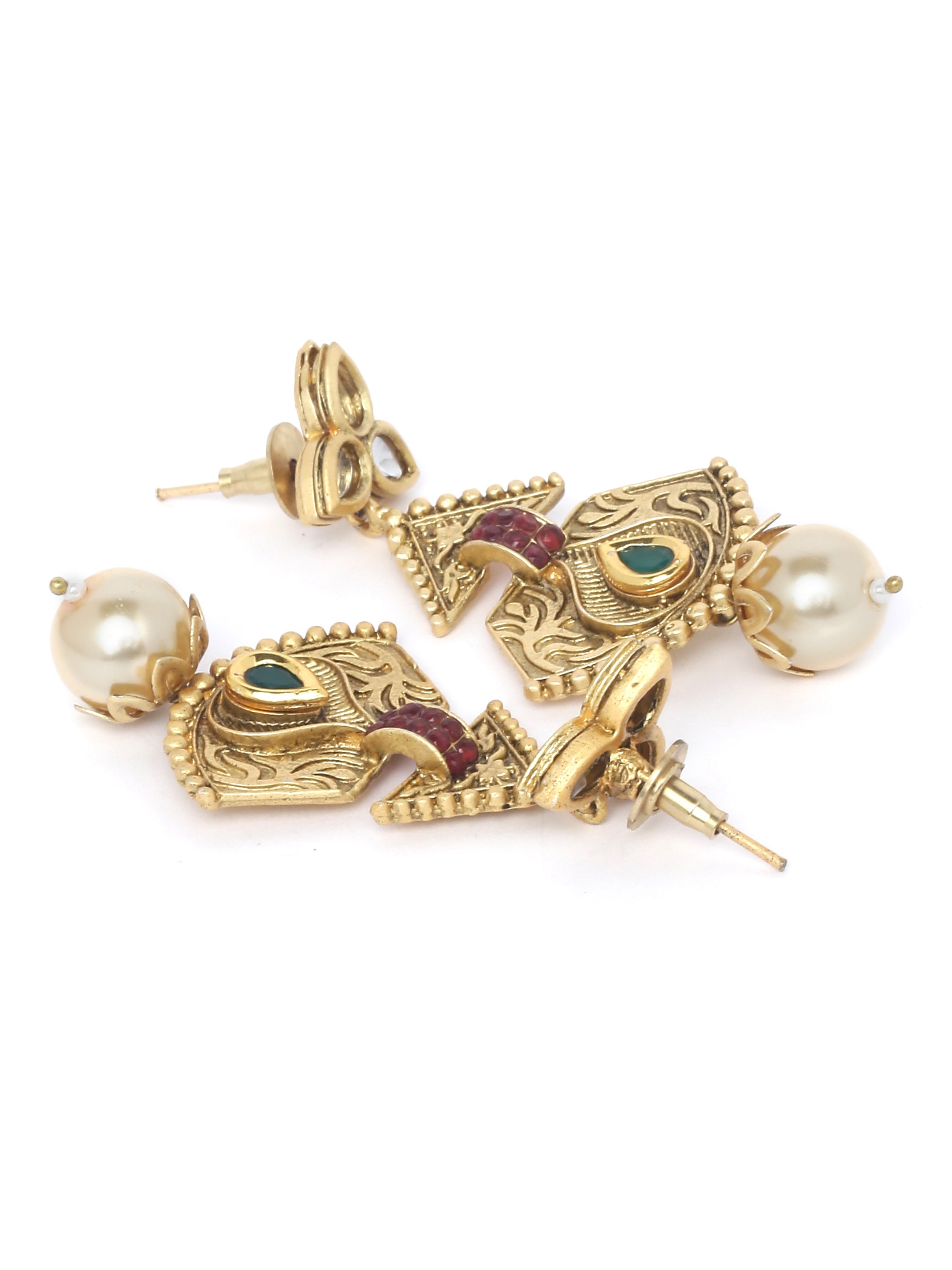 Gold-Plated & Green Kundan Studded Beaded Handcrafted Jewellery Set