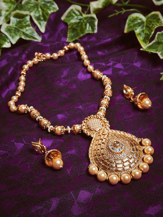 Gold-Plated & White Kundan Studded Beaded Handcrafted Jewellery Set