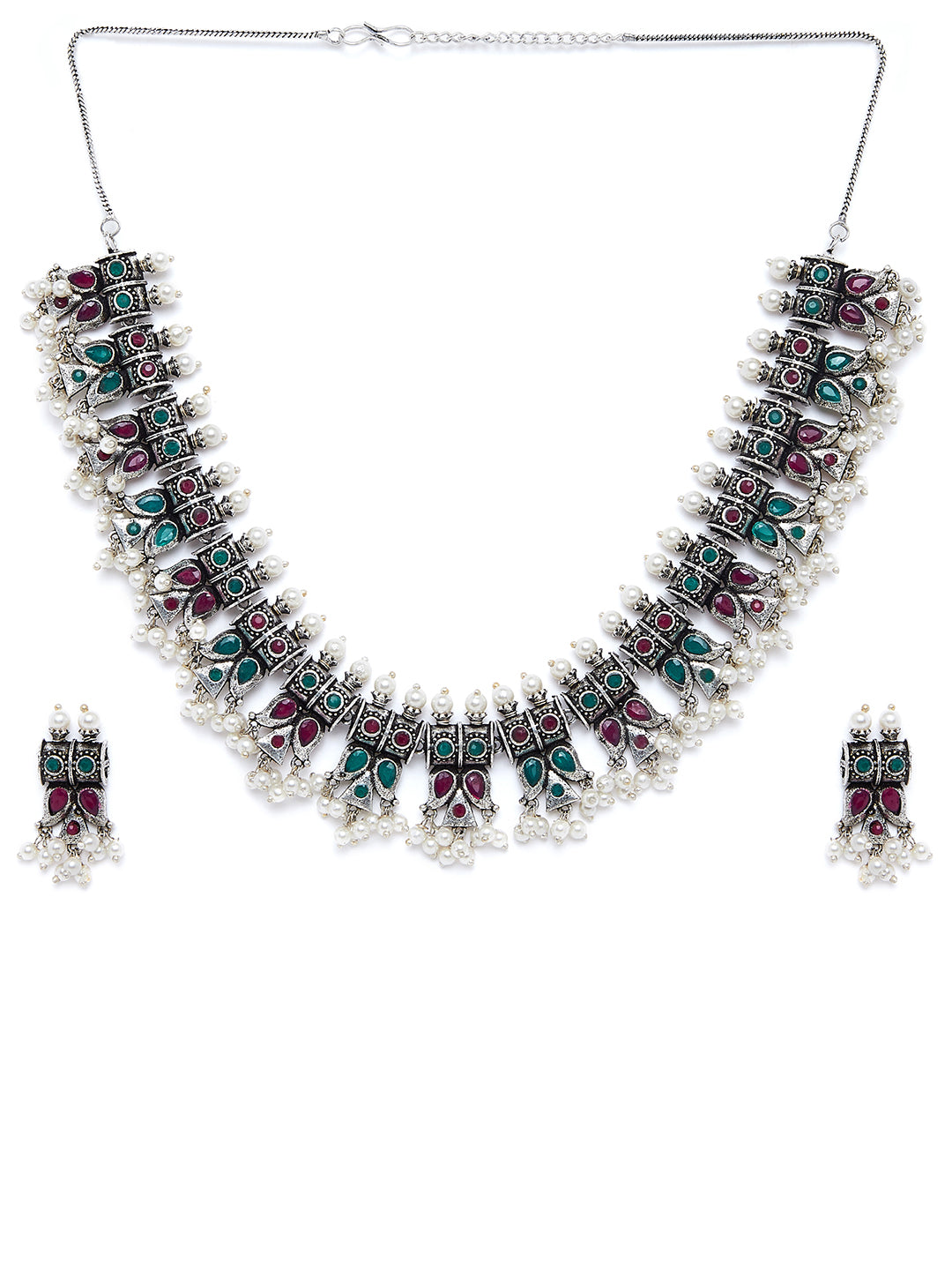 Silver-Plated Stone-Studded Pearls Beaded Jewellery Set