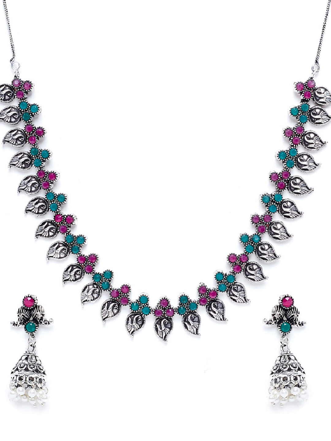 Women Oxidised Silver-Plated Stone-Studded Handcrafted Jewellery Set
