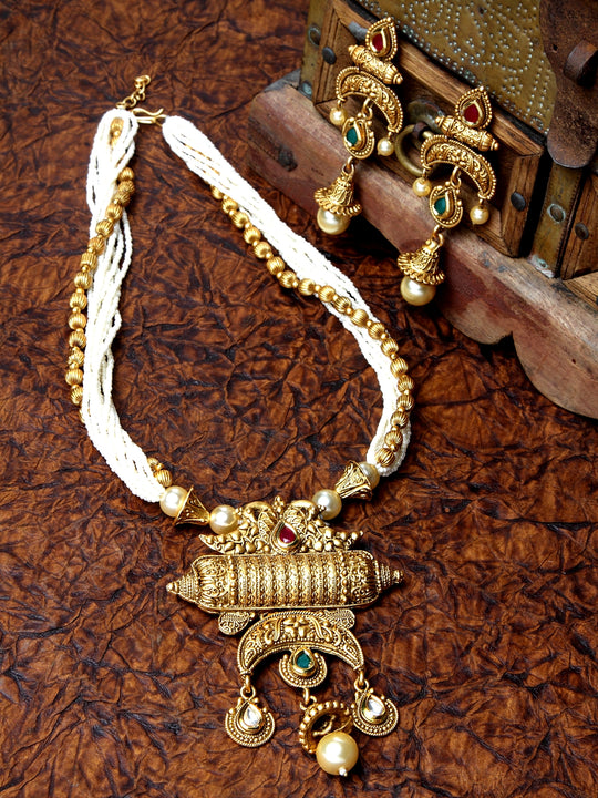 Gold-Plated White & Red Pearl & Stone-Studded Handcrafted Jewellery Set