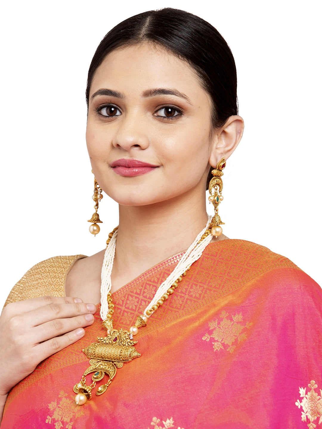 Gold-Plated White & Red Pearl & Stone-Studded Handcrafted Jewellery Set