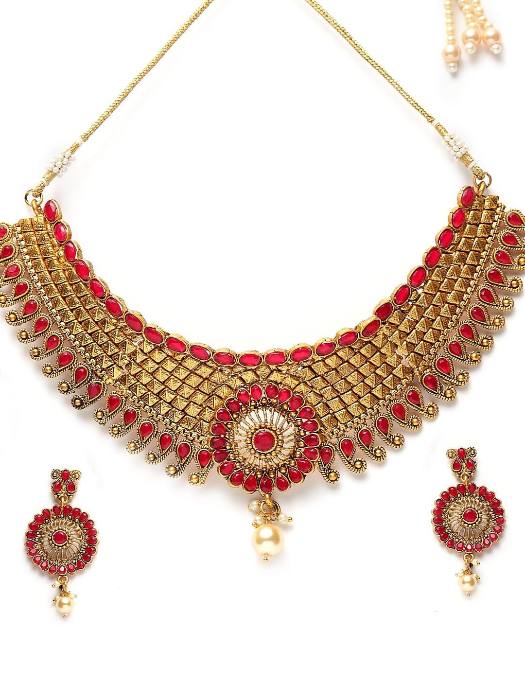 Gold-Plated Red Stone-Studded Sustainable Handcrafted Jewellery Set